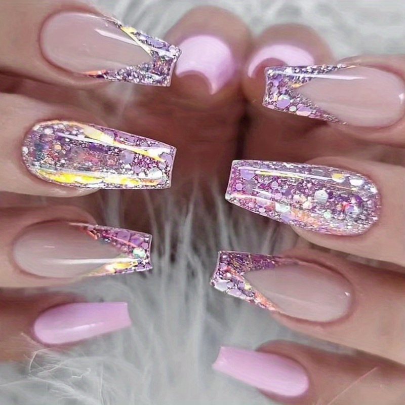 Full Rhinestones Pink Fake Nails French Long Coffin Full Cover
