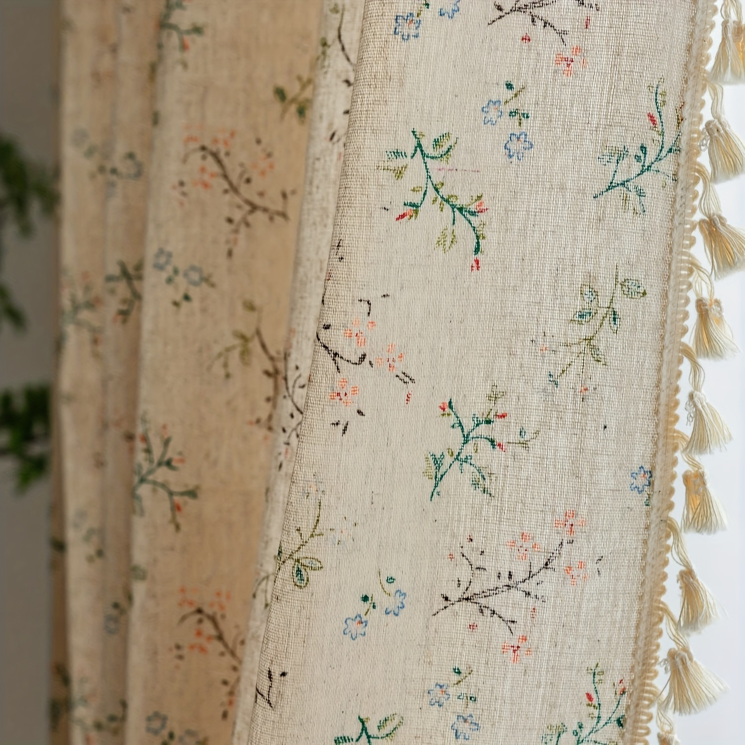 1pc Boho Summer Flower Pattern Curtain With Tassel, Window Treatment For Bedroom Office Room Study Home Decor