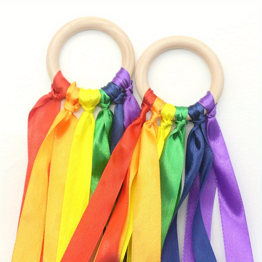 2PCS Rainbow Hand Kite Toys Bells,Rainbow Ribbon Sensory Toy for Babies  0-12 Months Montessori Baby Toys Baby Rattle Creative Learning Waldorf Toys  for 1 2 3 Year Old Ribbon Streamers for Kids 