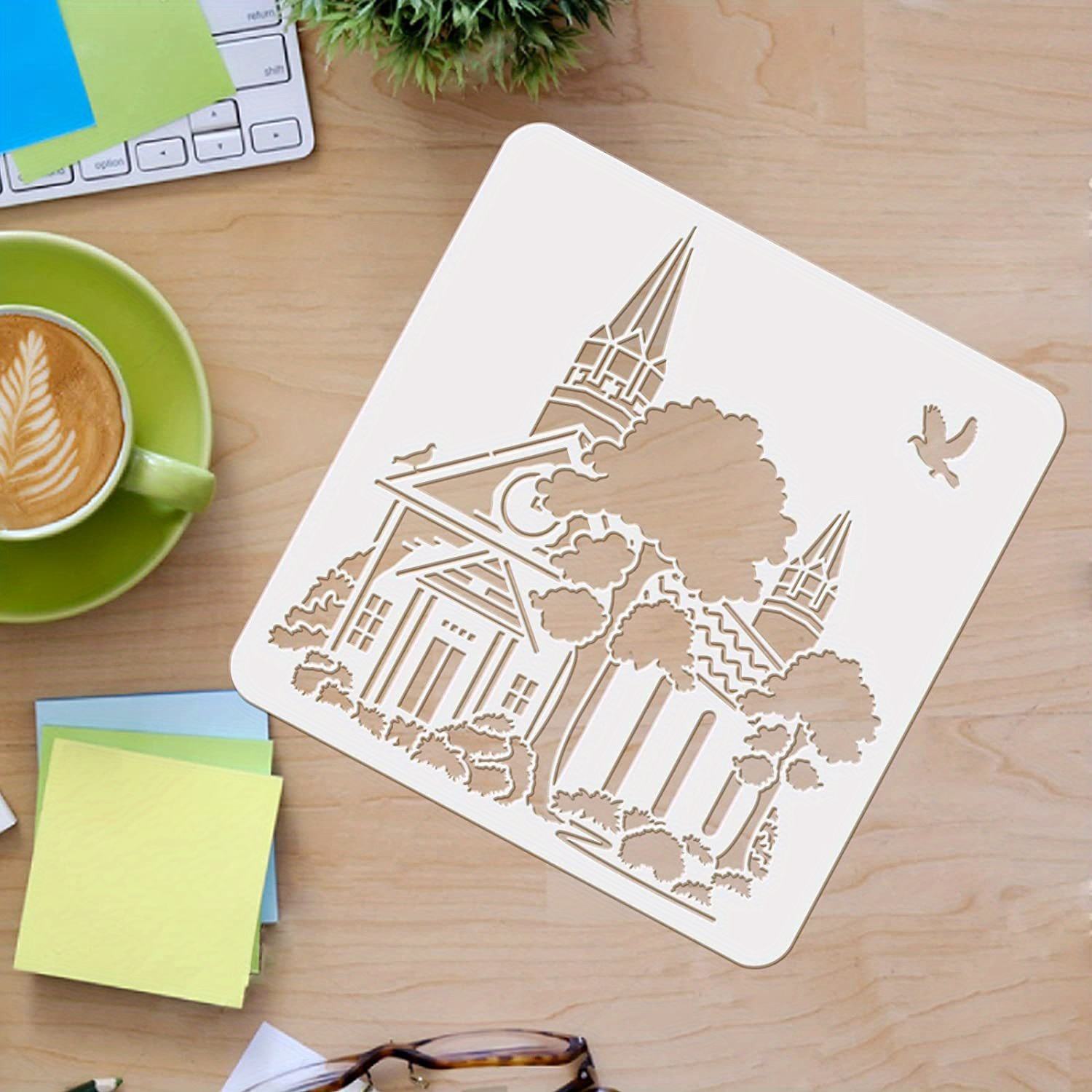 TEMU 1pc Church Stencil For Painting, 30x30cm Reusable Diy Art And Craft Stencils, Castle Stencil Drawing On Wood, Canvas, Paper, Fabric, Walls And