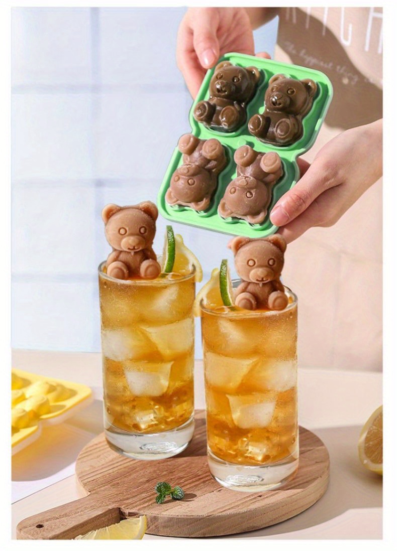 4 Grid Bear Ice Cube Tray Mold Silicone Odourless Cartoon Whiskey Cocktail  Bar Wine Drink Coffee Ice Cream Box Kitchen Maker
