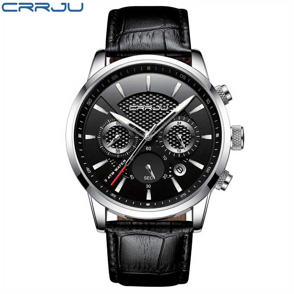 CRRJU Men's Business Casual Chronograph Quartz Waterproof Wristwatch Black  Leather Strap