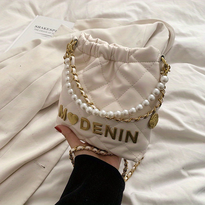 Chanel Mini Drawstring Bag Calfskin Pearl with Gold Metal White