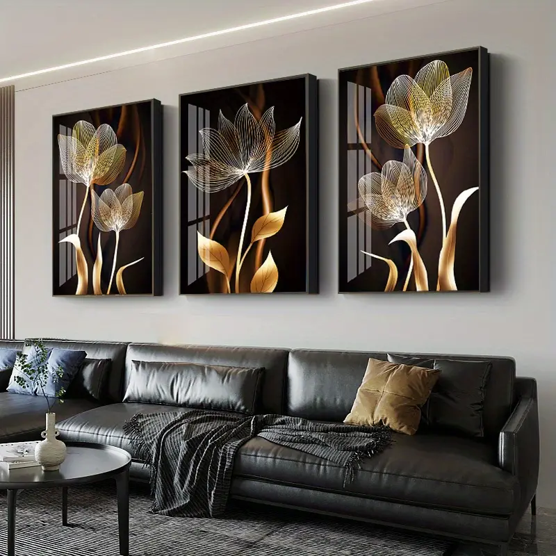 decor, 3pcs black and golden flower wall art canvas painting for living room decor modern abstract design 15 7x23 6in 40x60cm no frame required details 3