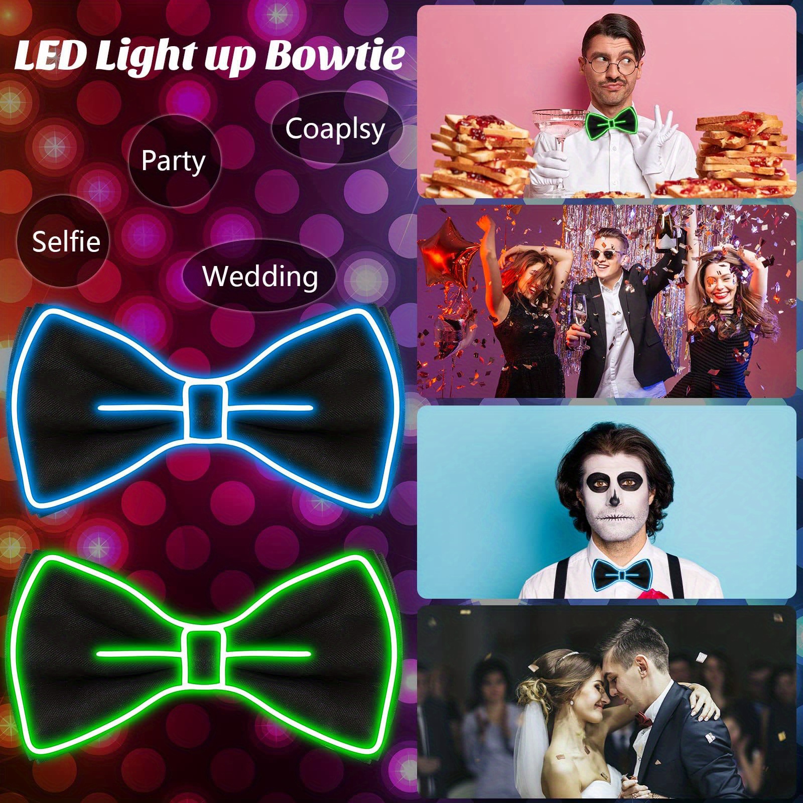 4pcs set glowing led bow tie for men adjustable funny and novelty light up neon accessory for parties and costumes details 4