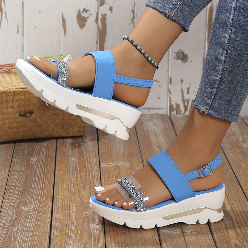 Women's Bling Platform T-Strap Sandals - High Wedge, Sequins, Flip Flop Style