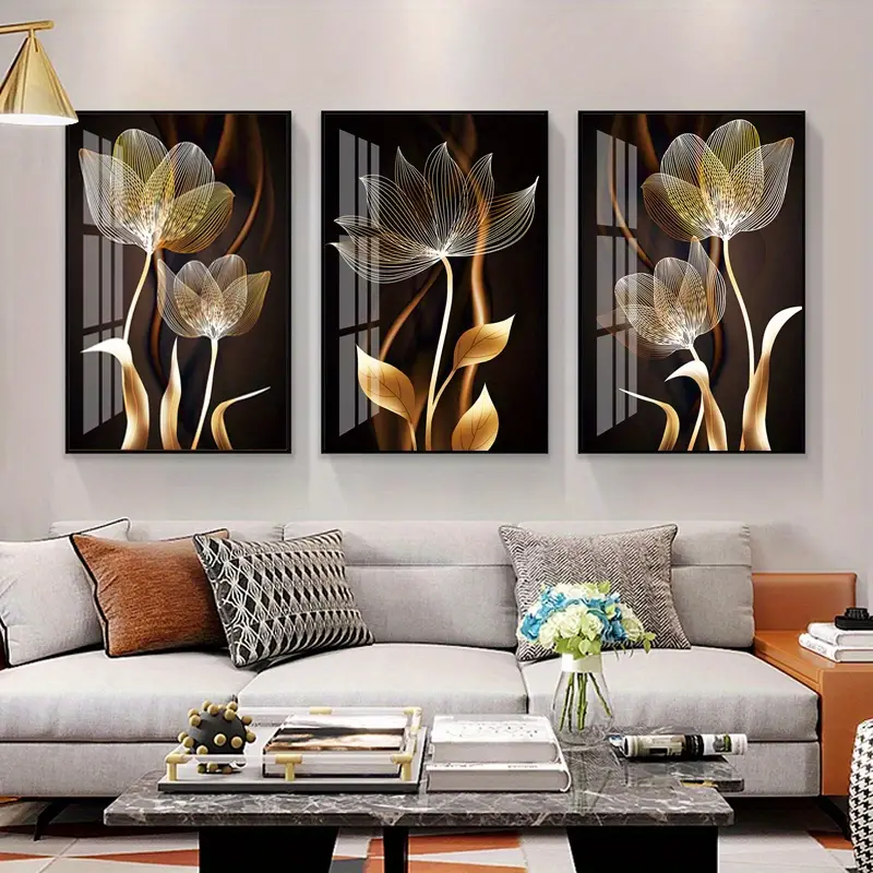 decor, 3pcs black and golden flower wall art canvas painting for living room decor modern abstract design 15 7x23 6in 40x60cm no frame required details 1