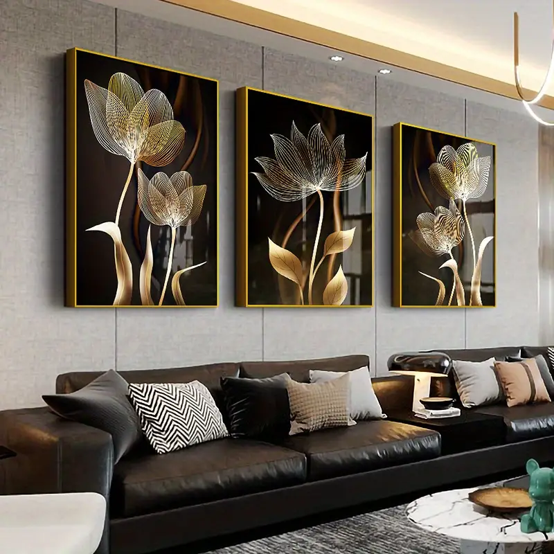 decor, 3pcs black and golden flower wall art canvas painting for living room decor modern abstract design 15 7x23 6in 40x60cm no frame required details 0