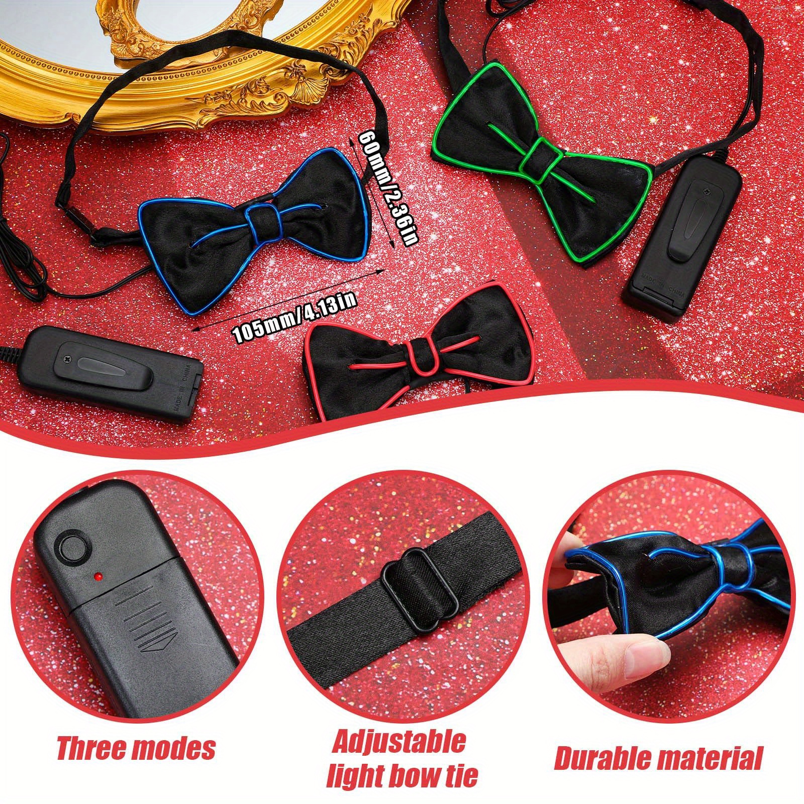 4pcs set glowing led bow tie for men adjustable funny and novelty light up neon accessory for parties and costumes details 6