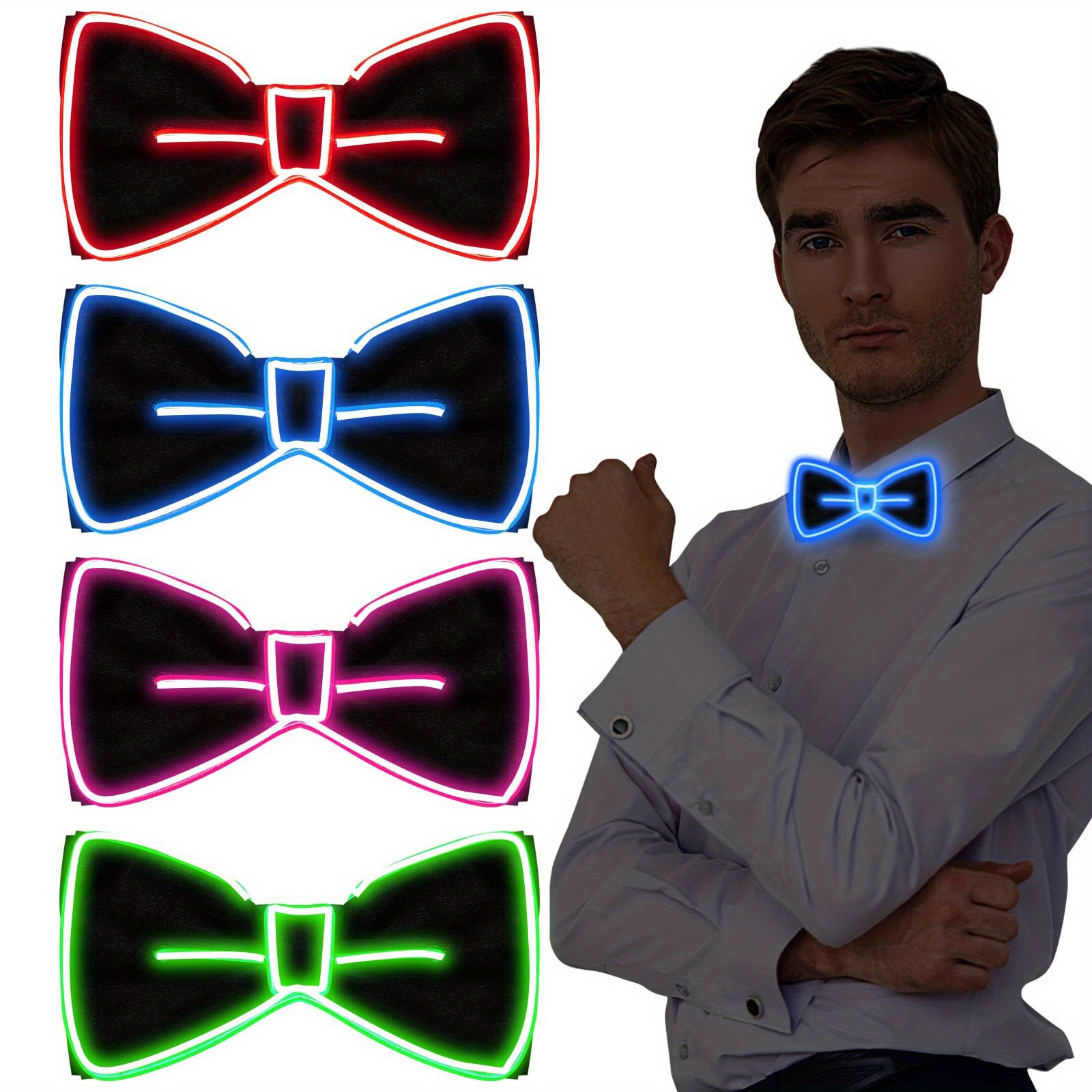 4pcs set glowing led bow tie for men adjustable funny and novelty light up neon accessory for parties and costumes details 0