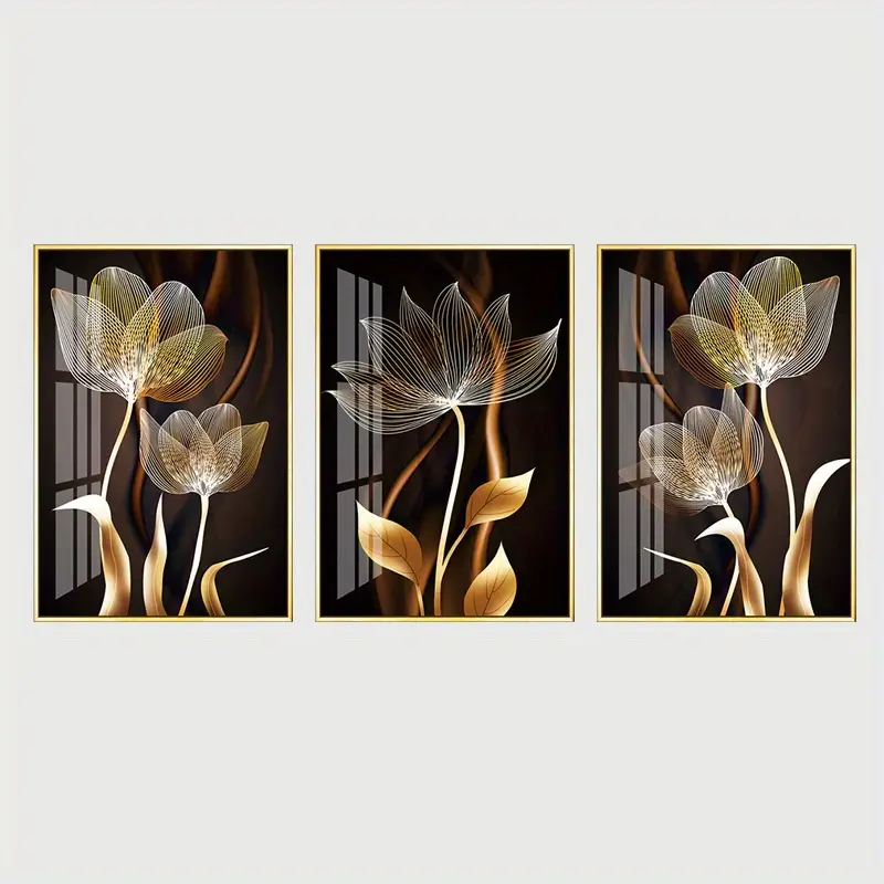 decor, 3pcs black and golden flower wall art canvas painting for living room decor modern abstract design 15 7x23 6in 40x60cm no frame required details 5