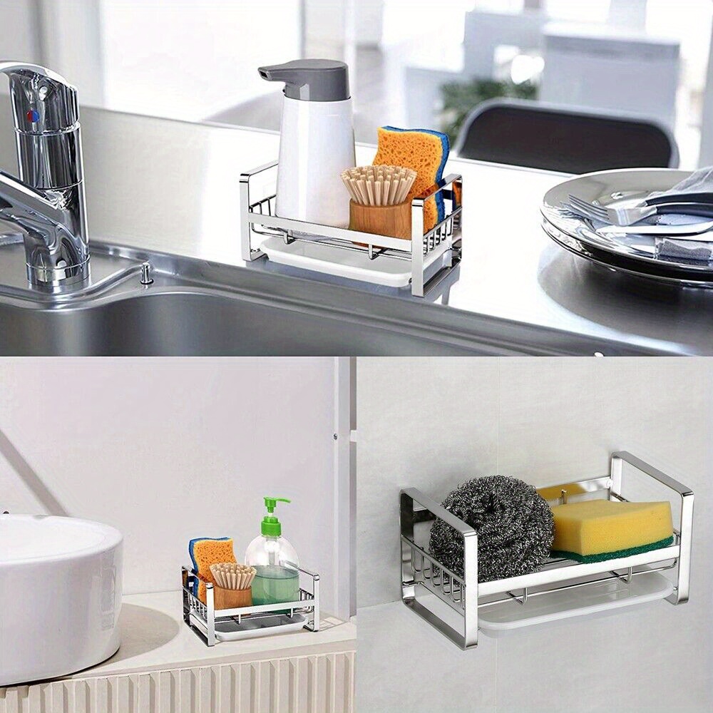 Stainless Steel Sink Sponge Rack With Removable Drain Tray Temu 1346