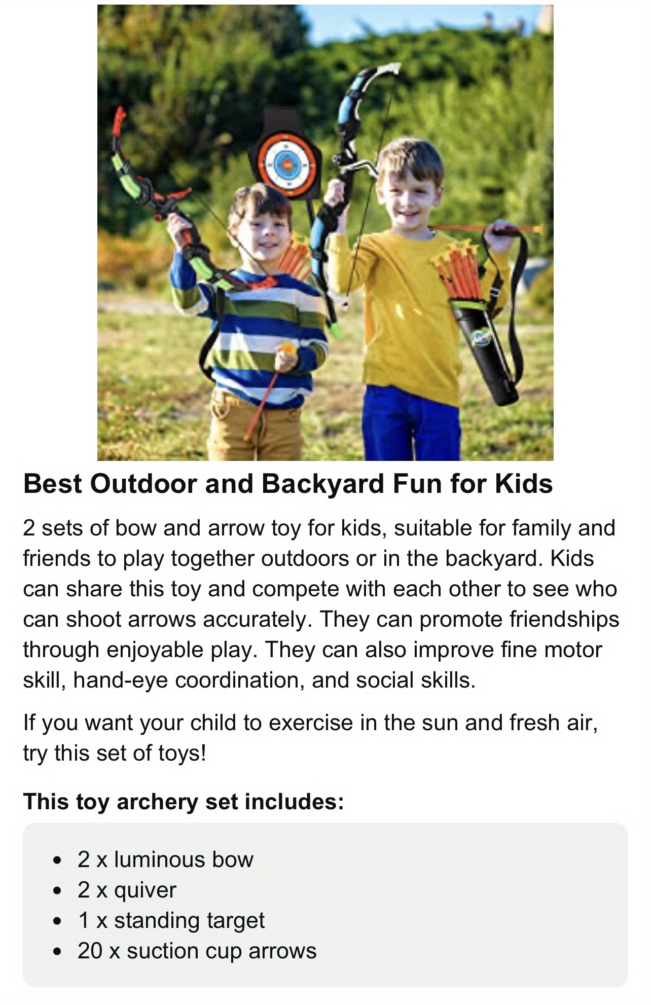 FINCOME Juego de 2 arcos y flechas para niños de 4-6-8-12, juego de tiro  con arco para niños y niñas, juguetes de arco y flecha con objetivo de pie,  2