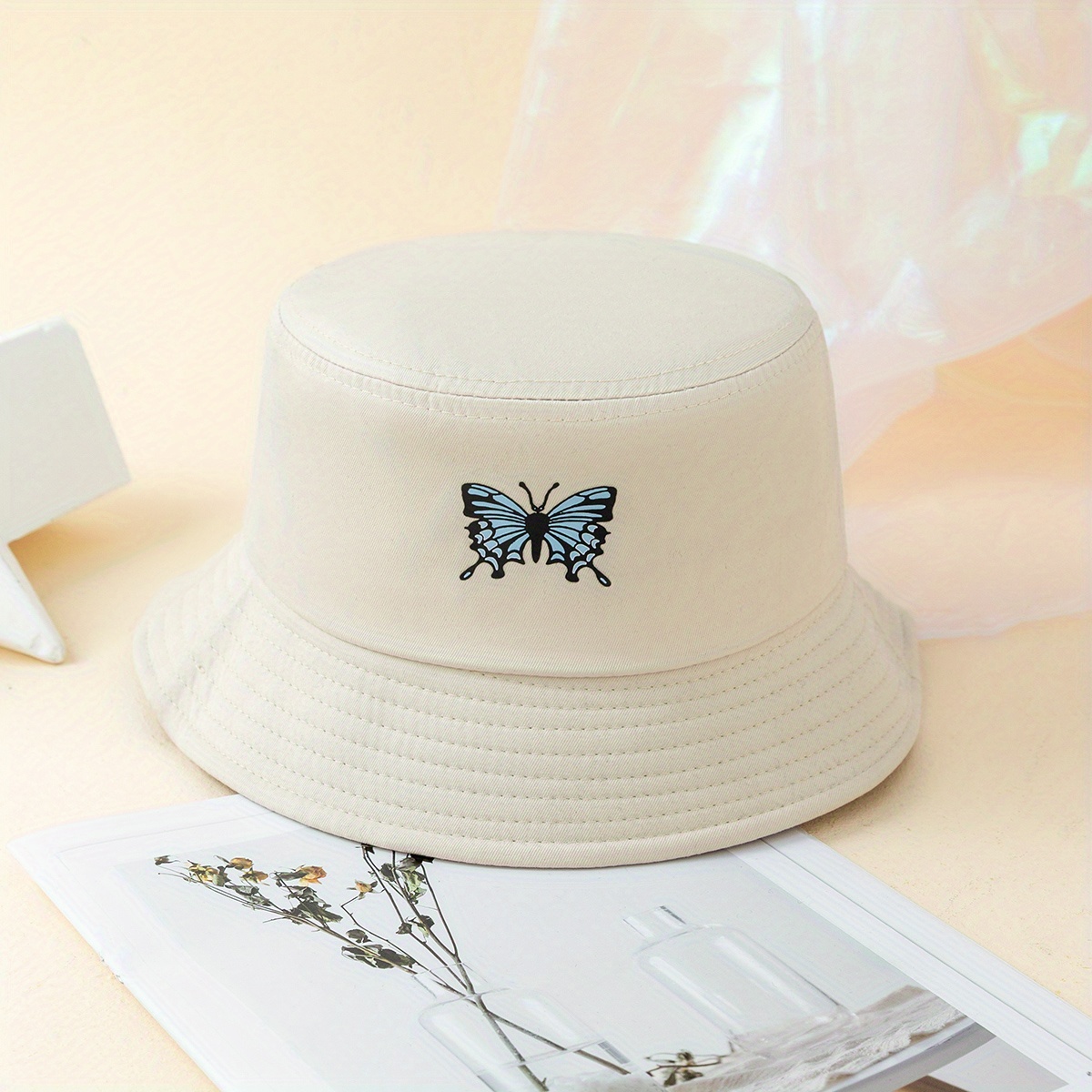 Butterfly Embroidery Butterfly Bucket Hat White ZLYC Unisex
