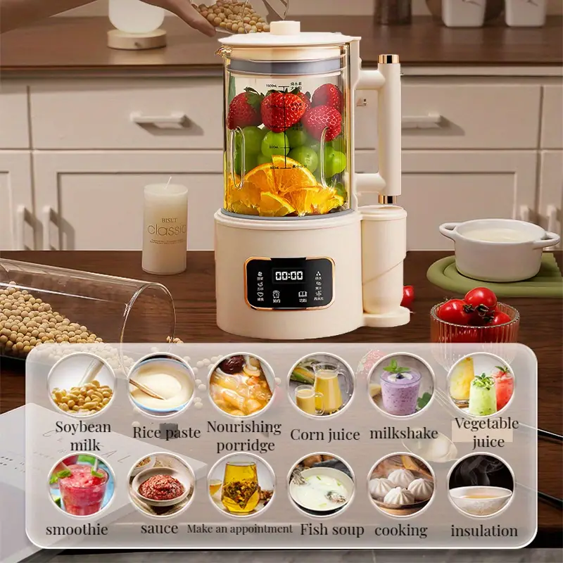 1500ml large capacity blender juice maker high boron glass household heating automatic small soybean milk machine food supplement machine mute and soft sound multi function cooking machine with soundproof cover available for 2 8 people details 1