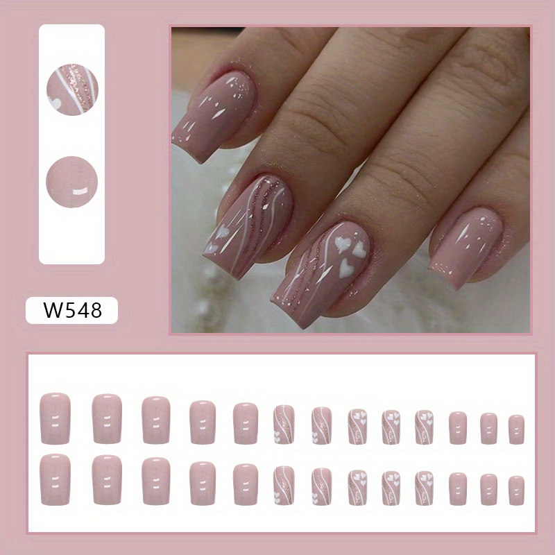 24pcs Glossy Nude Pink Press On Nails With Glitter Ripple Design - Cute Heart Shaped False Nails For Women And Girls - Full Cover Medium Square False Nails For Daily Wear