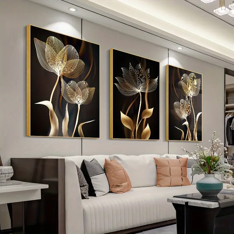 decor, 3pcs black and golden flower wall art canvas painting for living room decor modern abstract design 15 7x23 6in 40x60cm no frame required details 2
