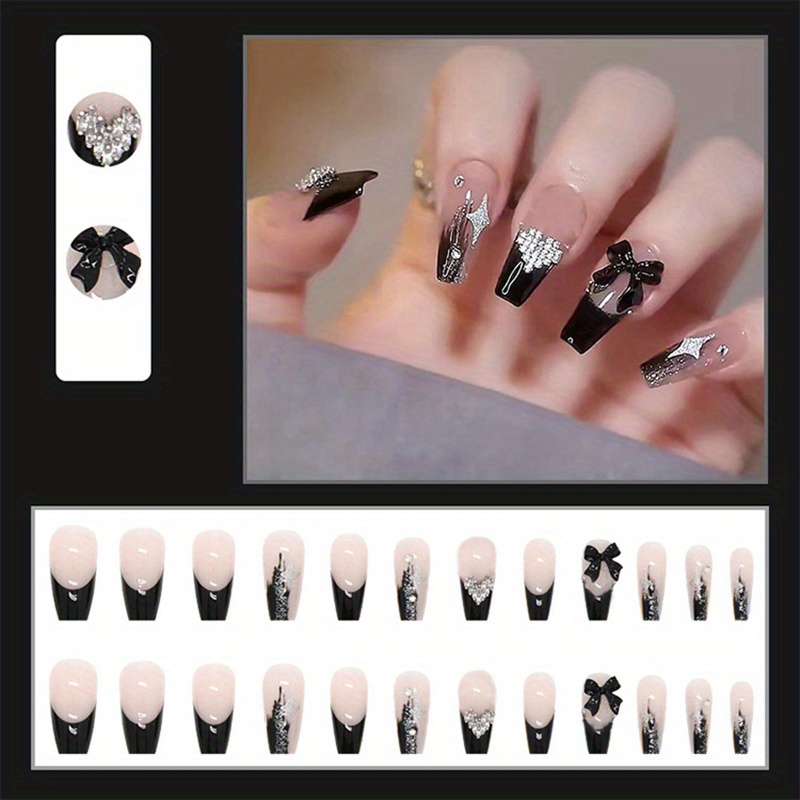 Heart Design Press On Nails With Rhinestones Long Coffin - Temu