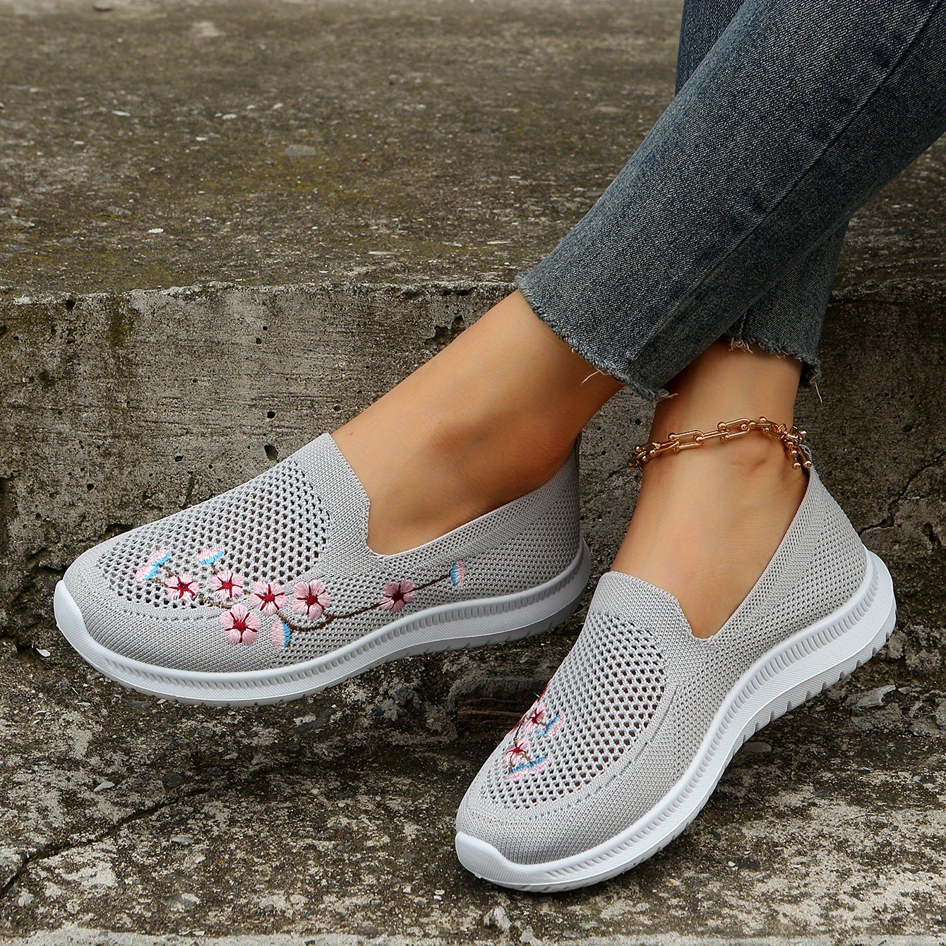 Women's Flower Pattern Sneakers Fashion Mesh Slip On Walking Shoes ...