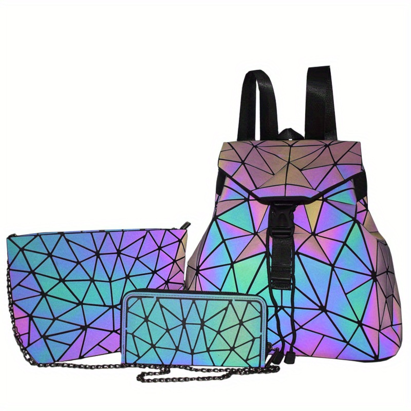 Geometric Luminous Purse Handbags Set of 2 , Iridescent Ladies Tote Bag, Wallet Reflective