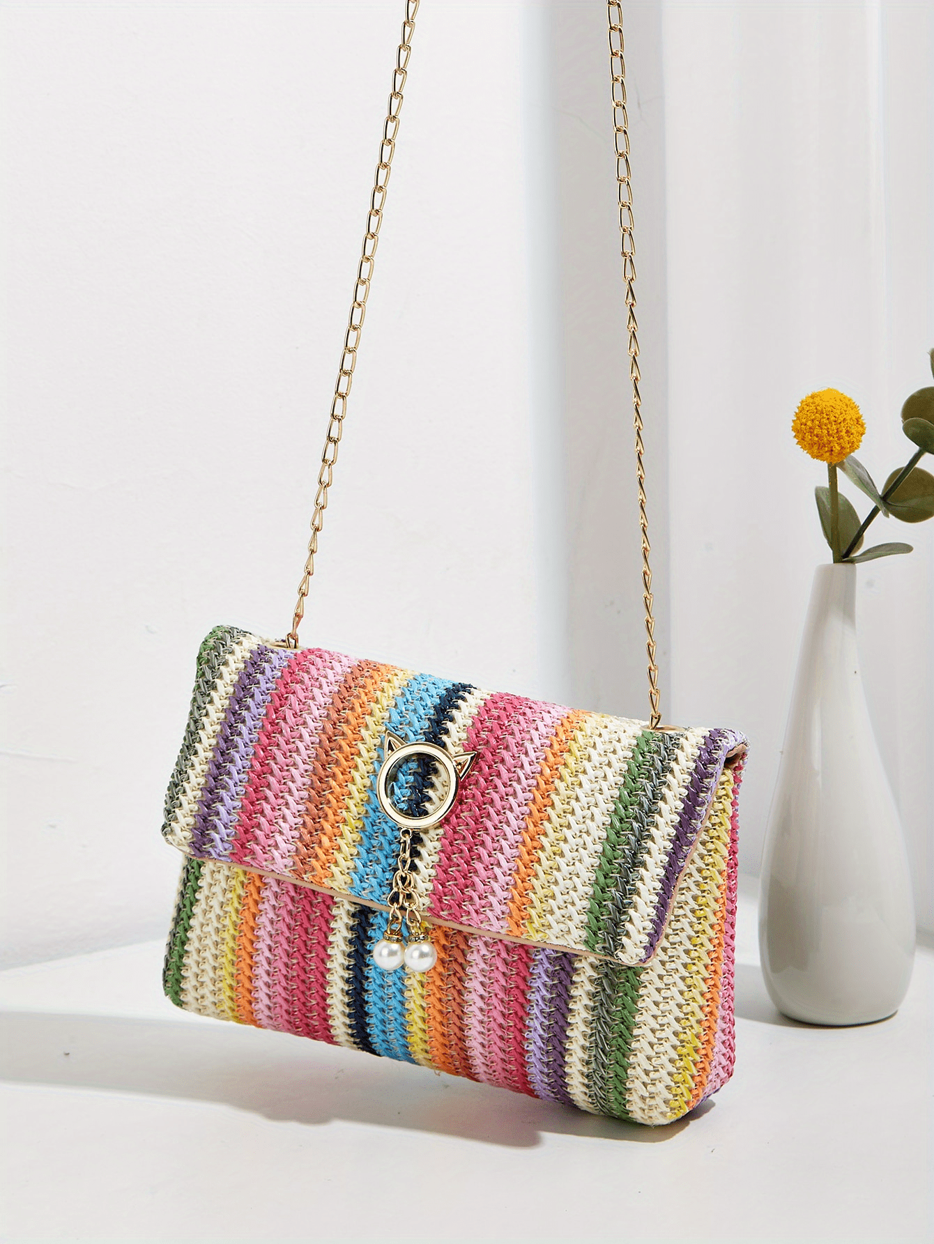 Multicolor Small Straw Crossbody Bag with Stripe Pattern, Chic Design