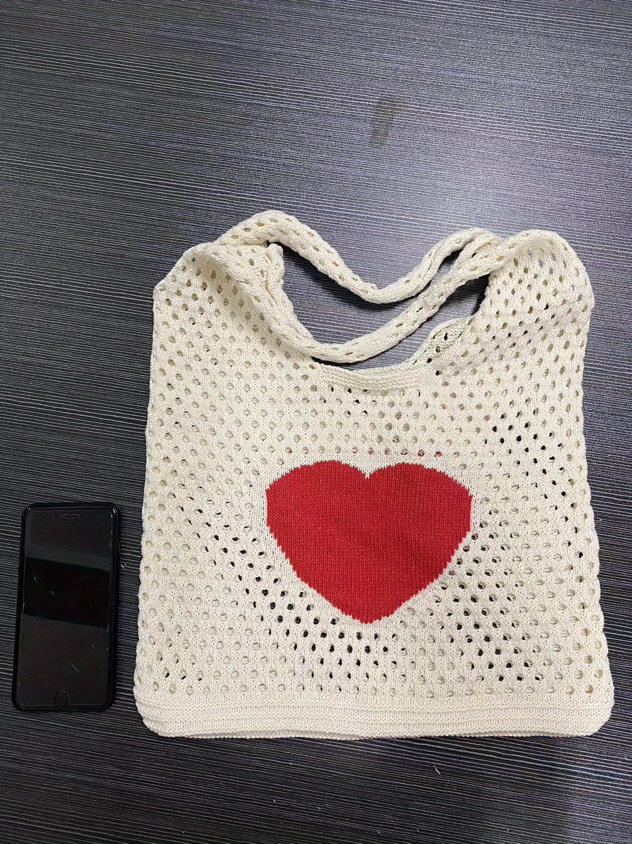 Heart Pattern Crochet Bag, Hollow Out Knitted Tote Bag, Y2k Style