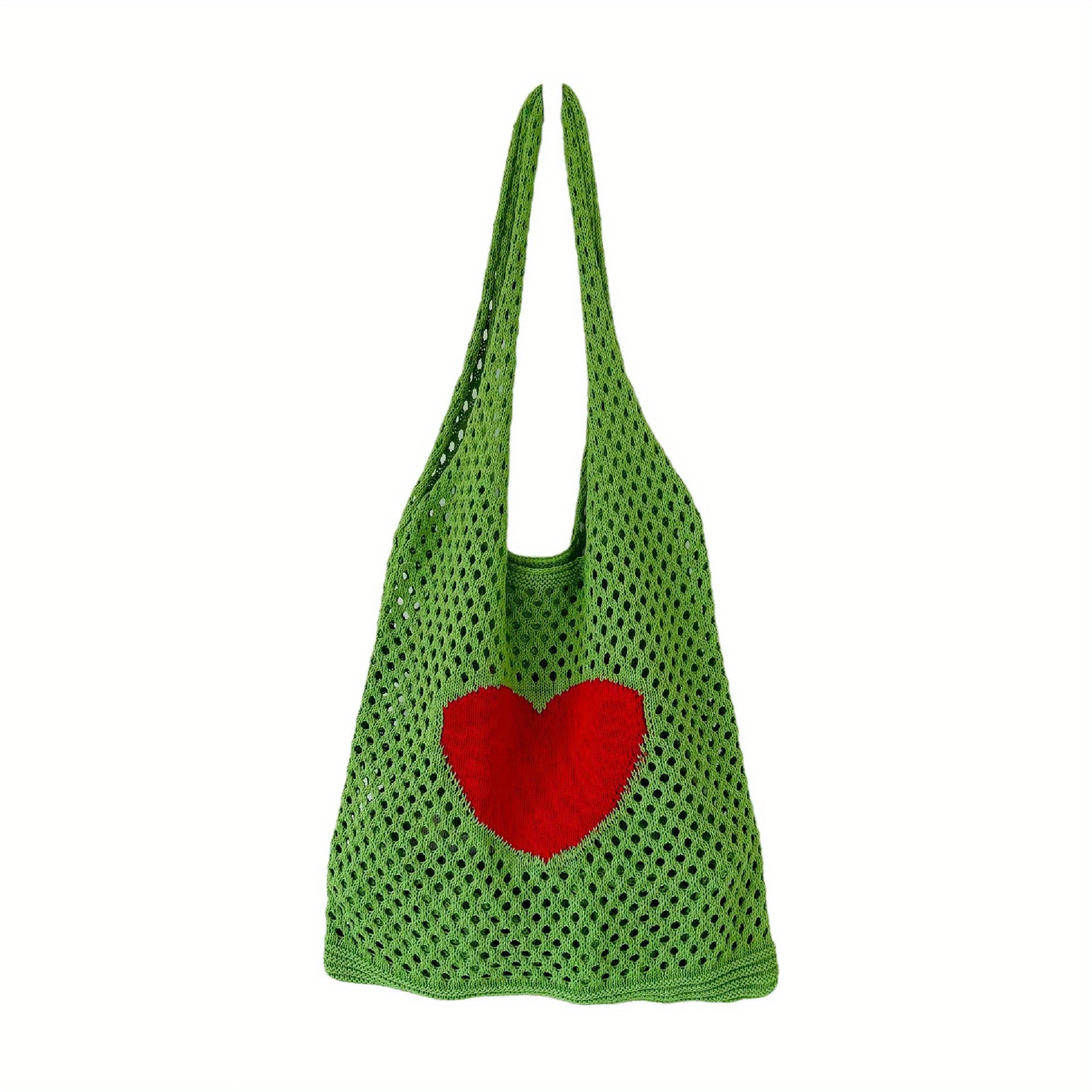 Heart Pattern Crochet Bag, Hollow Out Knitted Tote Bag, Y2k Style