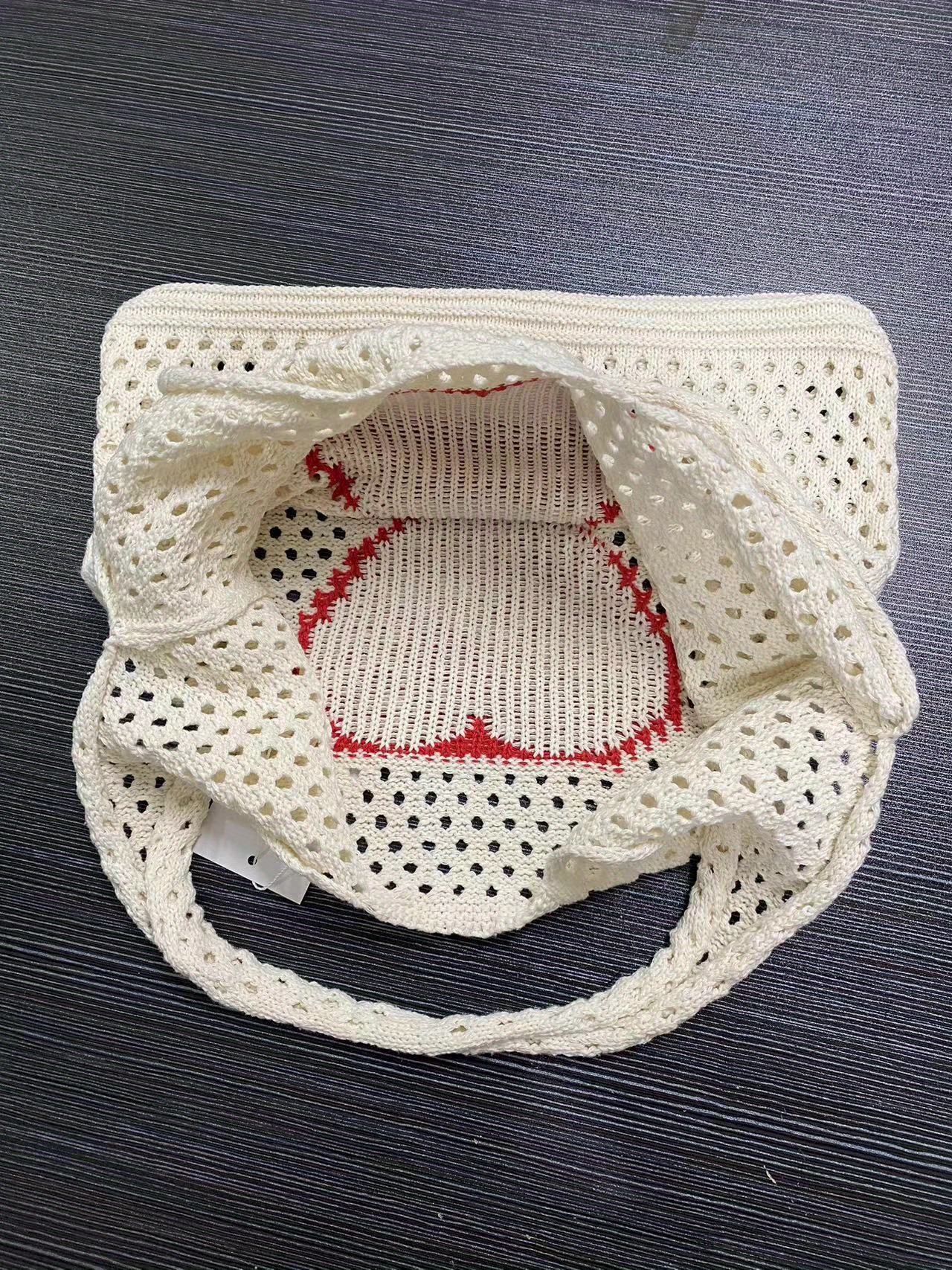 Heart Pattern Crochet Bag, Hollow Out Knitted Tote Bag, Y2k Style