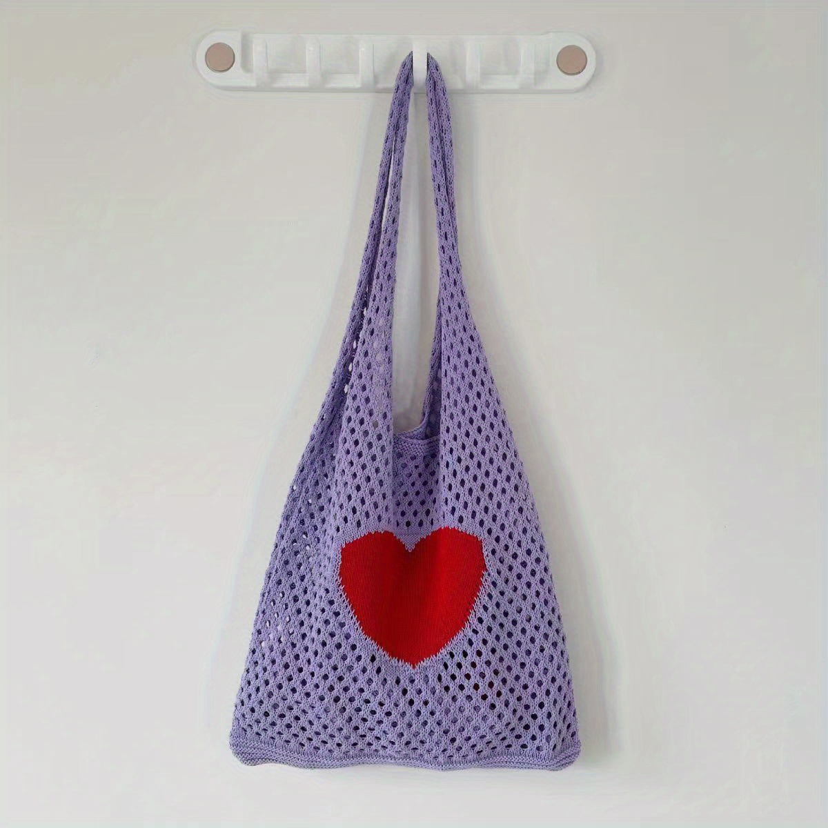 Heart Pattern Crochet Bag, Hollow Out Knitted Tote Bag, Y2k Style