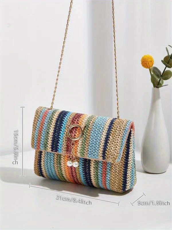 Multicolor Small Straw Crossbody Bag with Stripe Pattern, Chic Design