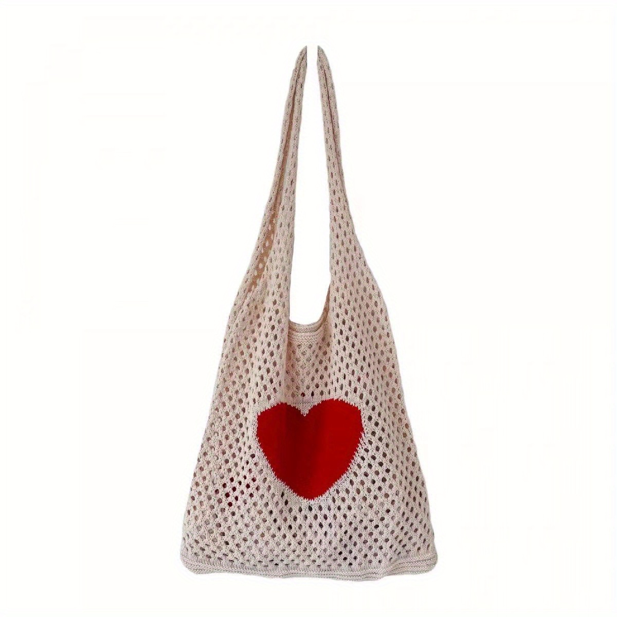 Heart Pattern Crochet Bag, Hollow Out Knitted Tote Bag, Y2k Style