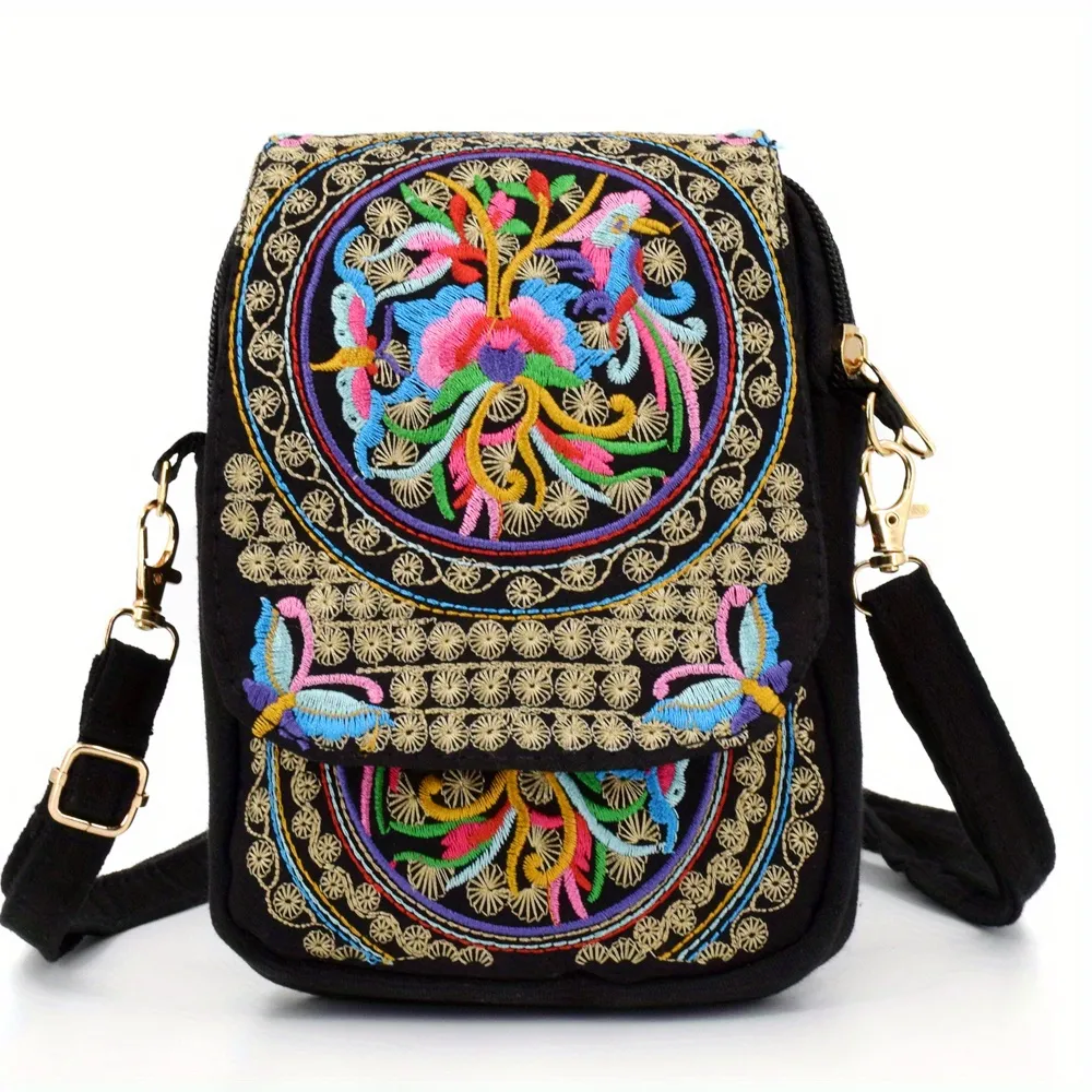 Women's Embroidered Crossbody Bag, Small Canvas Shoulder Bag