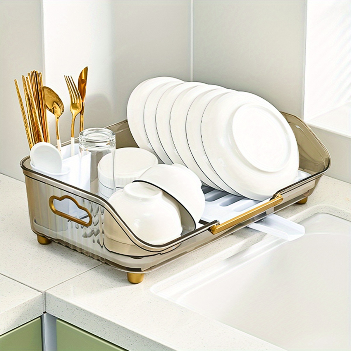 Stainless Drying Dish Rack Drain Board Set Utensil Holder Metal Kitchen  Counter