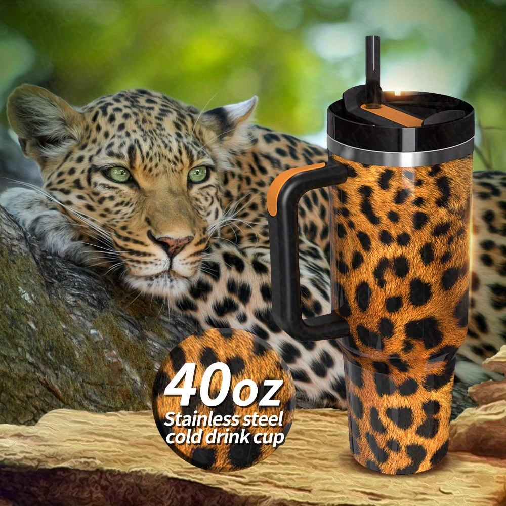 Large Capacity Leopard Print Stainless Steel Tumbler With Handle -  Leakproof, Vacuum Insulated Cup For Car, Outdoor Sports, And More - Temu