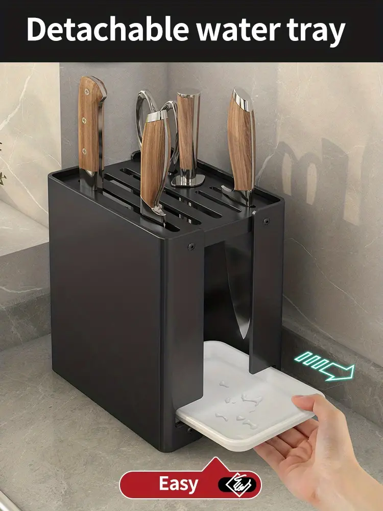 1pc multi functional knife block with drip tray and magnetic suction kitchen utensil storage rack and knife holder details 2