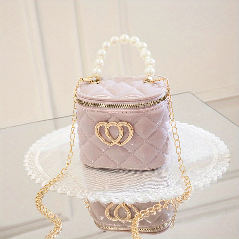Pearl Handle Metal Chain Quilted Crossbody Bucket Bag, Pvc