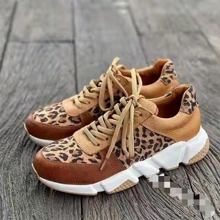 New Fashion Women's Sneakers Leopard Print Leather Thick Bottom