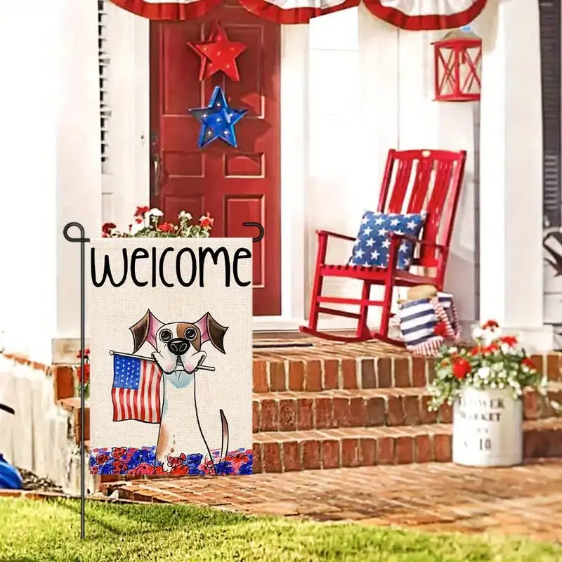 1pc 4th of july patrioctic welcome garden flags burlap double sided dog sign blue red independence day memorial day america flag outside yard decoration 12 x 18 inch 28 x 40 inch no flagpole details 2