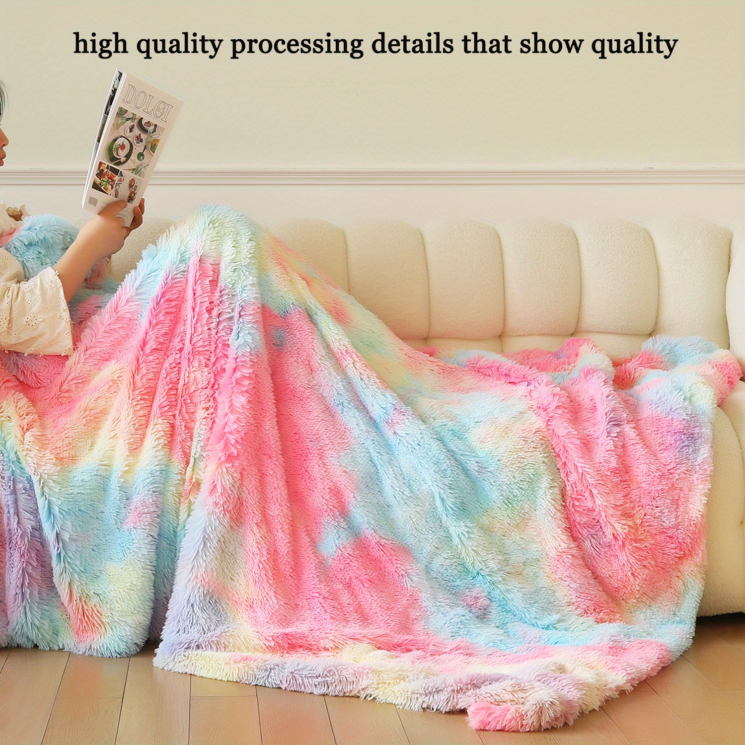 1pc multifunctional rainbow double layer plush blankets for home decor and comfortable bed and sofa use details 3