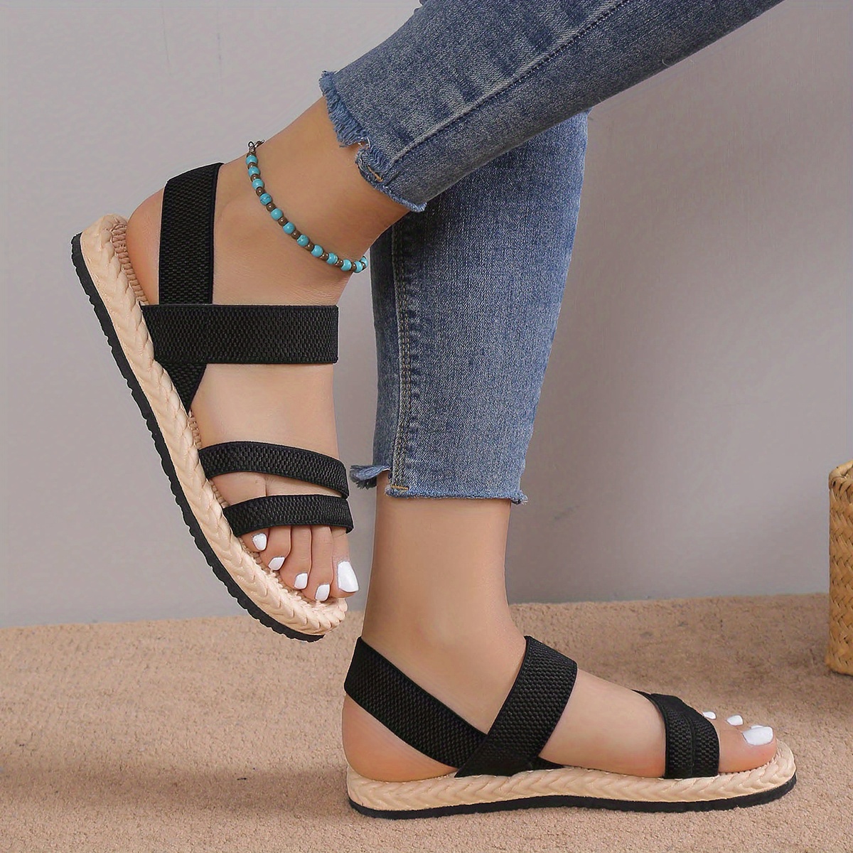 Generic Fashion Women Sandals Flat Heel Narrow Band Back Strap Summer Shoes  Ladies Casual Summer Beach Slides(#black 1)