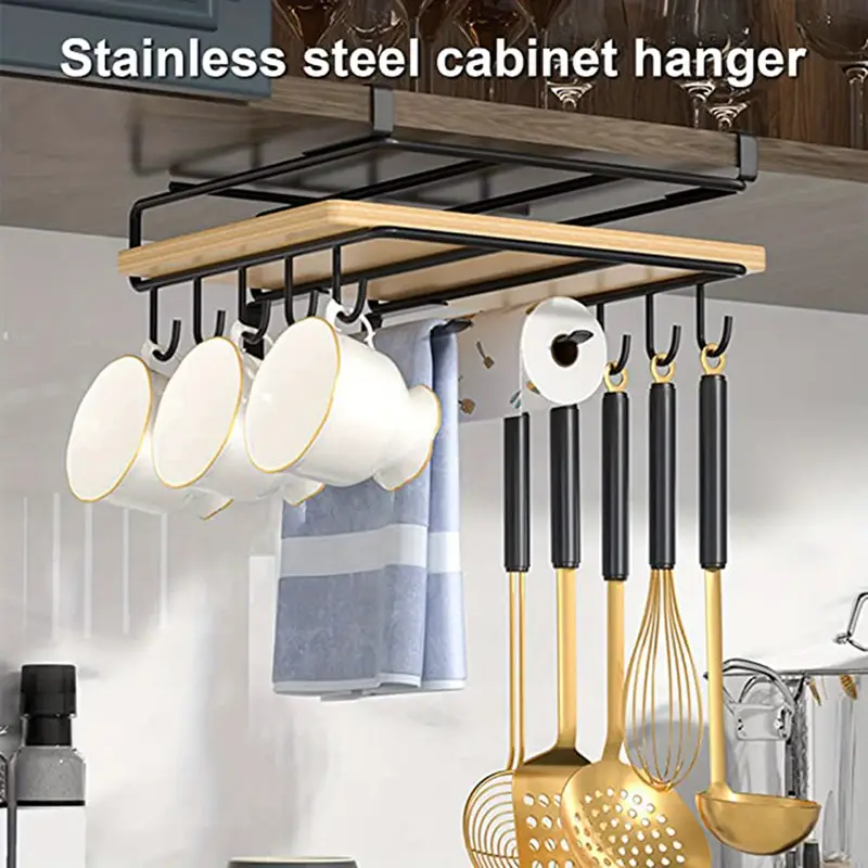 1pc Black Stainless Steel Kitchen Utensil Rack with 10 Hooks for Cookware,  Cup Storage, and Under Cabinet Hanging - Free Installation and Organization