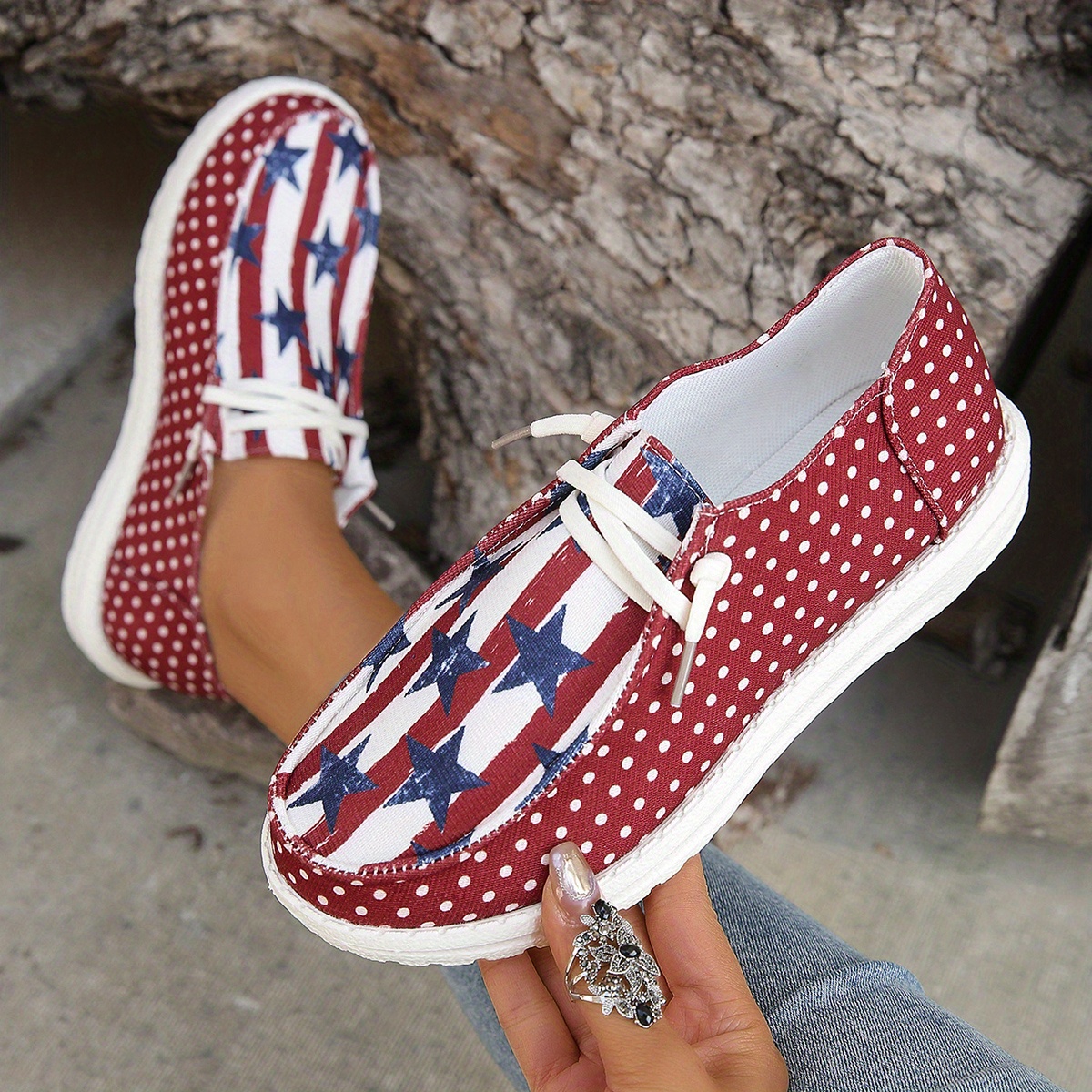 Women's Flat Canvas Shoes, Star Patter & Polka Dot Low Top Sneakers, Casual  Walking Shoes