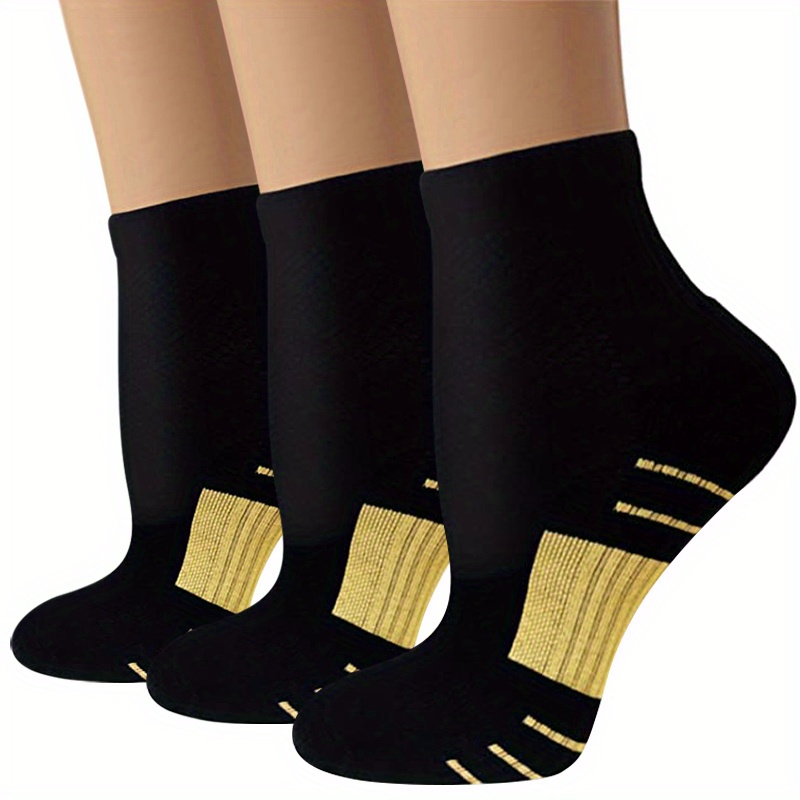3 Pairs Copper Compression Socks For | Ankle Running Socks For Athletic, Nylon, Cupro, Elastane, Knit Fabric, Machine Washable, Stripe Pattern
