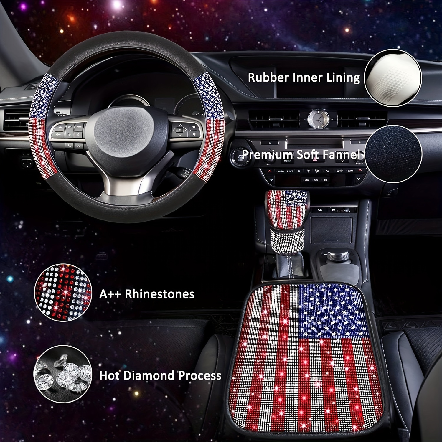 Rhinestone Bling Car Accessories 3pcs Women American Flag Bling Steering  Wheel Cover Glitter Center Console Cover Sparkly Gear Shift Cover, High-quality & Affordable