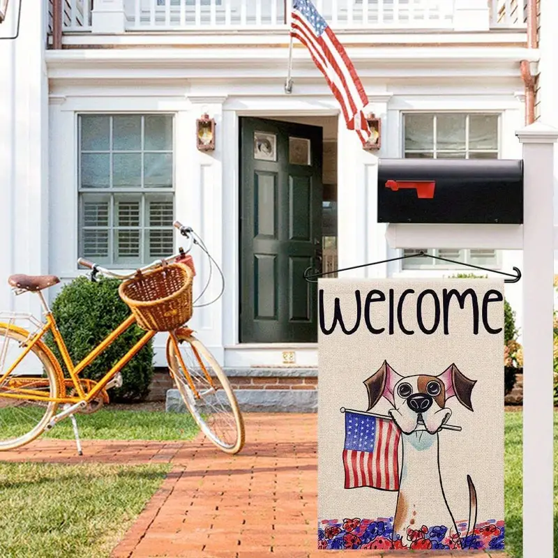 1pc 4th of july patrioctic welcome garden flags burlap double sided dog sign blue red independence day memorial day america flag outside yard decoration 12 x 18 inch 28 x 40 inch no flagpole details 0