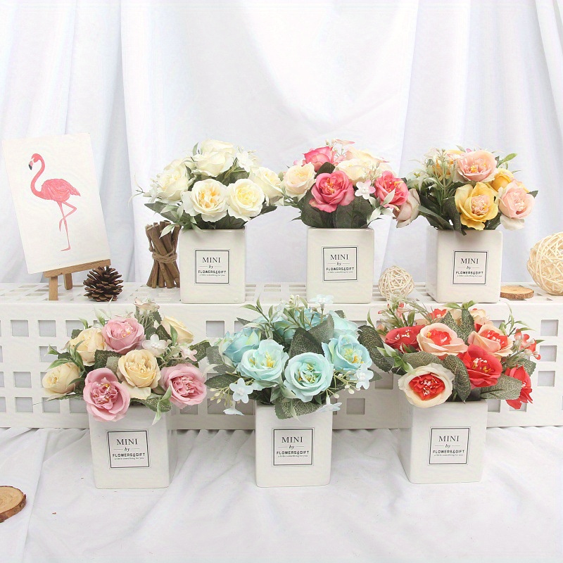 Elegant White Artificial Rose Flower With Ceramic Cube Vase Temu Australia