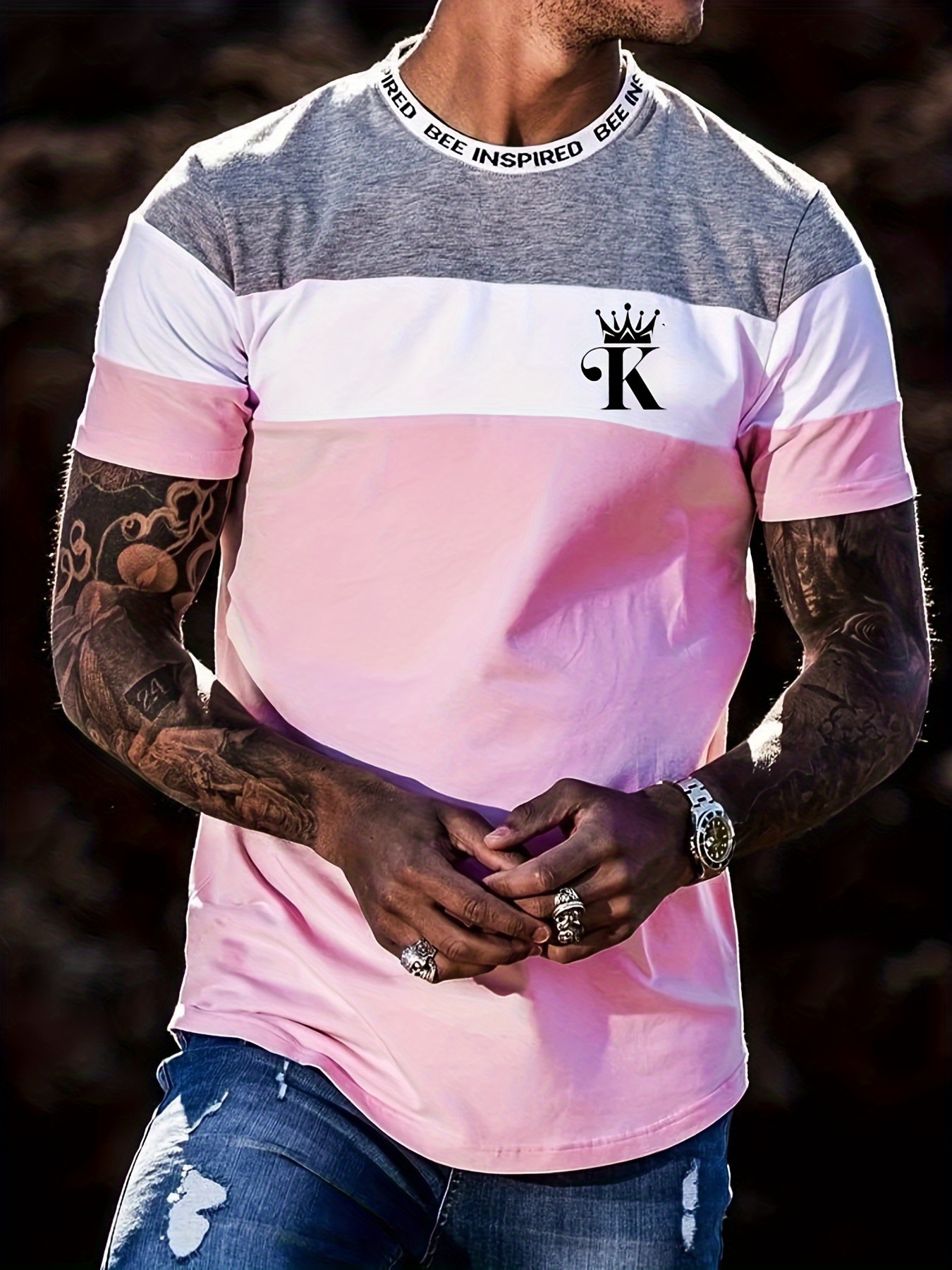 Plus Size Men's Casual Stripe Graphic Block Color Tees For Summer, Crew Neck Oversized T-shirts, Trendy Chic Outfit Men's Clothings