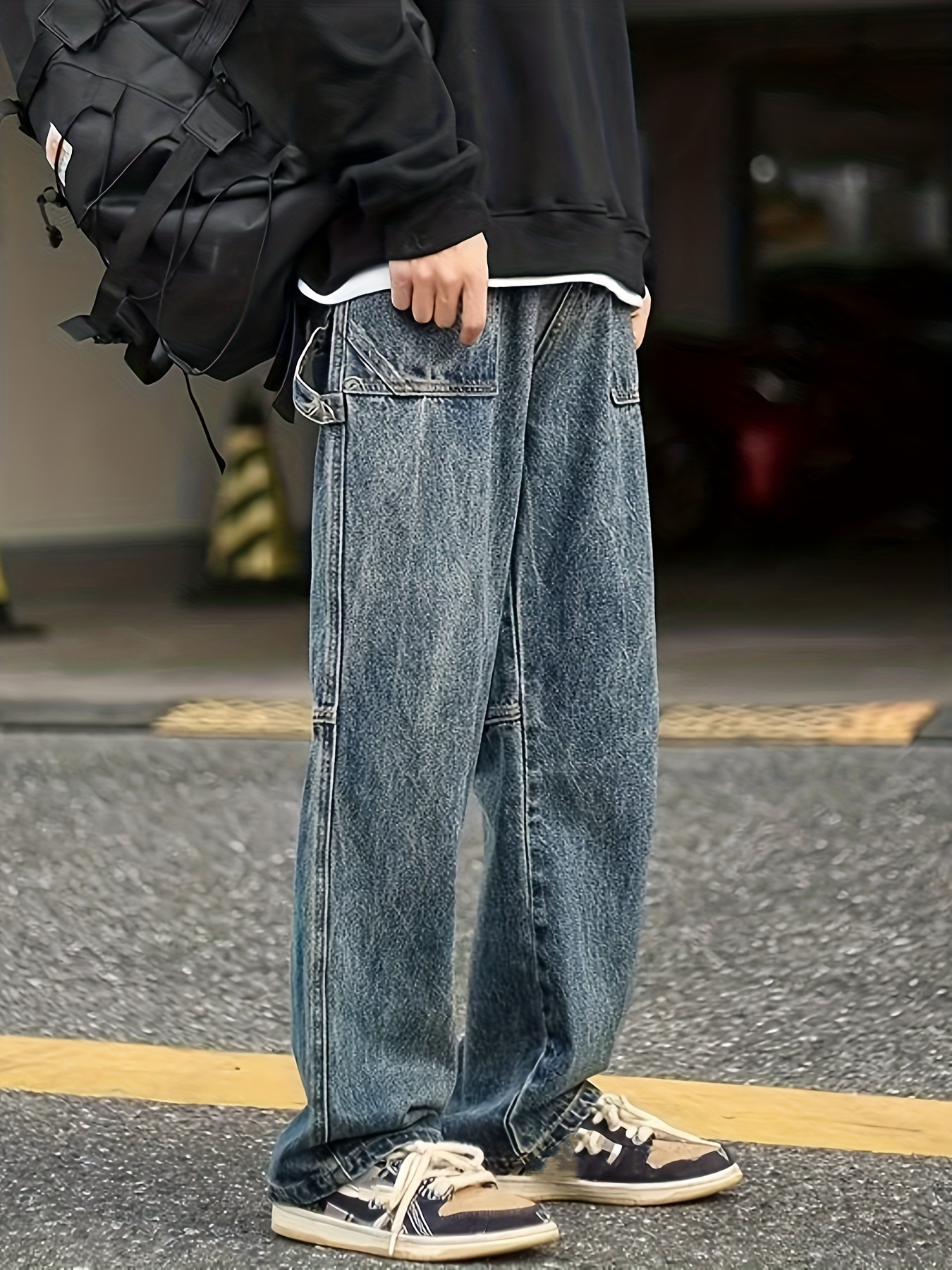 Wide Leg Cotton Jeans, Men's Casual Street Style Patchwork Denim Pants For  Spring Summer - Temu