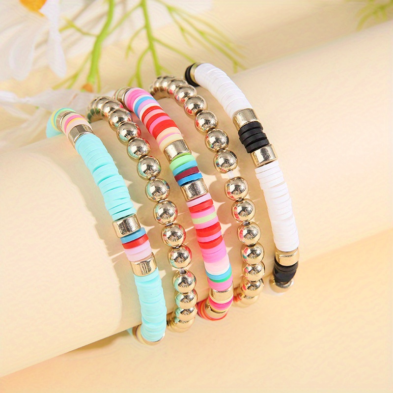 5Pcs/Set Colorful Soft Pottery Piece Beads Bracelet Summer Style Colorful Sticky Beads Stretch Stacking Bracelet Jewelry, Jewels for Girls Women