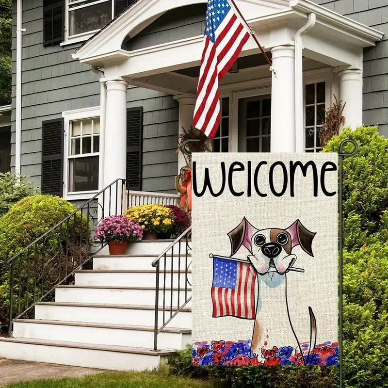 1pc 4th of july patrioctic welcome garden flags burlap double sided dog sign blue red independence day memorial day america flag outside yard decoration 12 x 18 inch 28 x 40 inch no flagpole details 3